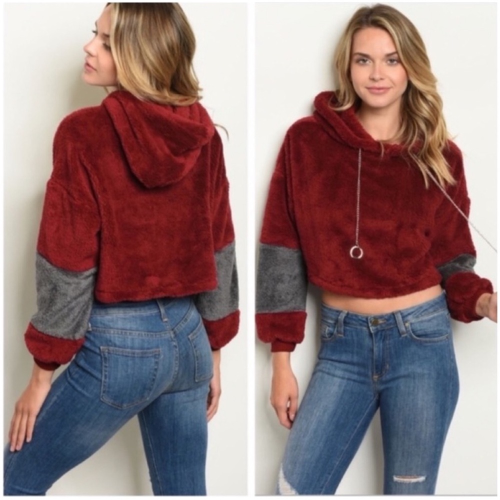 Soft Sherpa Hoodie Crop Top With Silver Chain Drawstring. Burgundy And Gray
